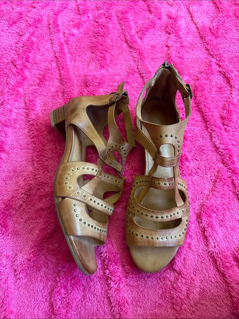 Antelope Tan Studded Strappy Block Heel boho Sandals